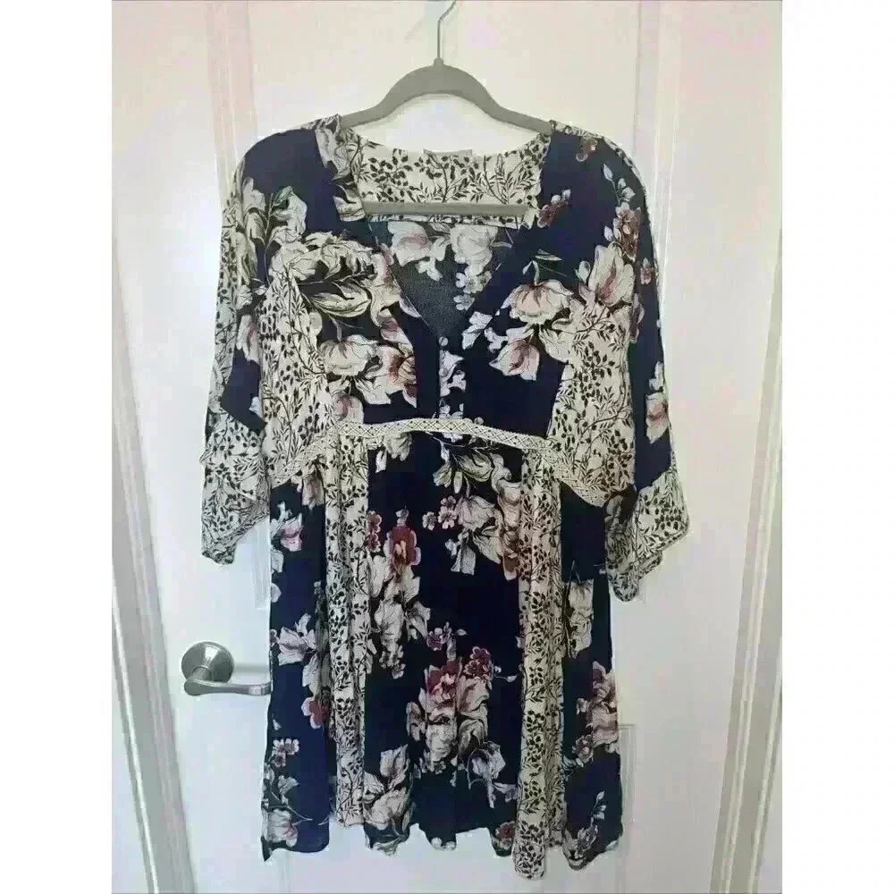 Altar'd State Floral Dress With Flared Sleeves Navy cream lace Boho Size Small